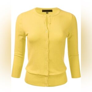 Slim-Fit Yellow Button-Up Crewneck Cardigan
